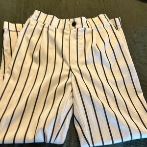 White with black stripes pull on dress pants.  Brand is Forever 21.